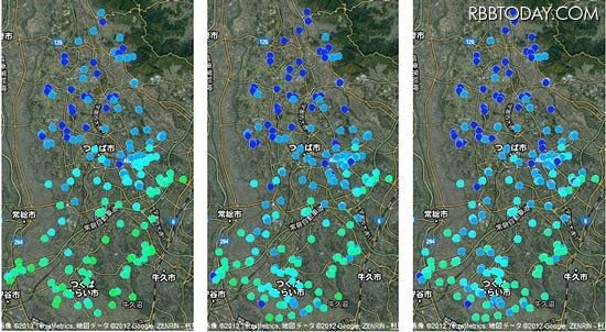 左から2011年6月下旬、2011年10月下旬、2012年2月上旬の茨城県つくば市近郊の線量