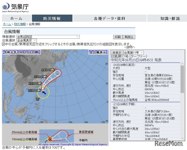 台風17号の経路（2019年9月20日午前9時45分発表）