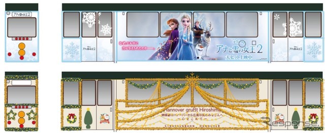 12月11日に登場している広島電鉄のアナ雪2ラッピング。片側（下）はクリスマス電車としてのデザインとなっている。