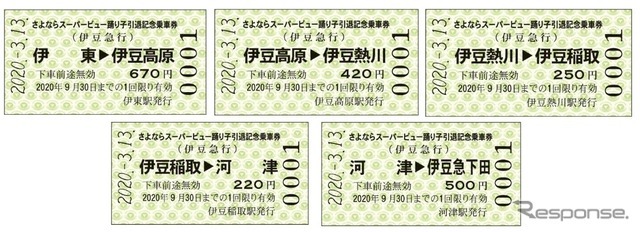 3月13日から発売される「さよならスーパービュー踊り子引退記念乗車券」は5枚の硬券がセットに。