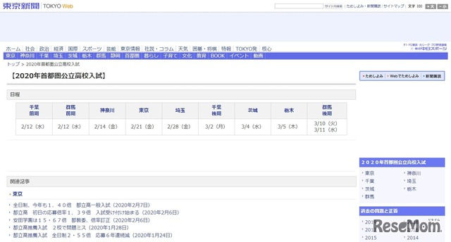 東京新聞「2020年首都圏公立高校入試」