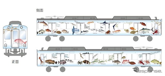 新たに導入される鮮魚運搬専用のラッピング車両「伊勢志摩お魚図鑑」のイメージ。伊勢志摩地域に生息する伊勢海老や鯛、フグ、イワシ、マンボウといった海産物43種類が描かれ、カタカナの名前も添えられる。
