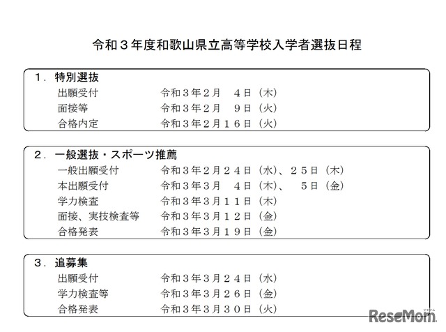 和歌山県立高等学校入学者選抜日程