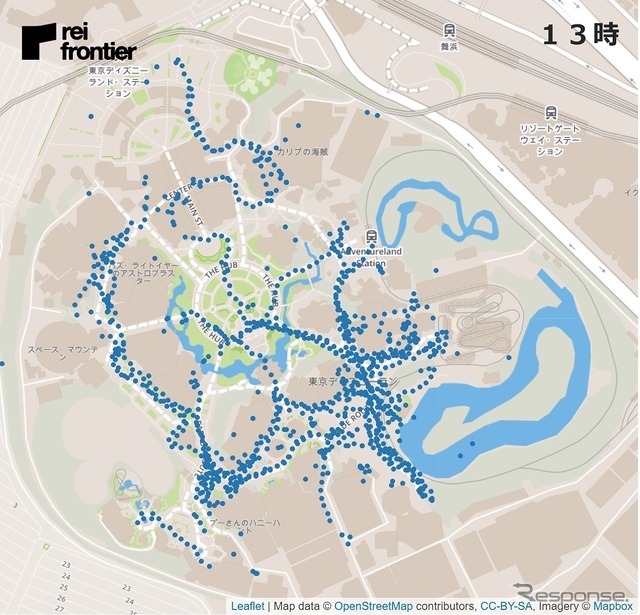 ディズニーランドの1時間ごとの人流（13時）