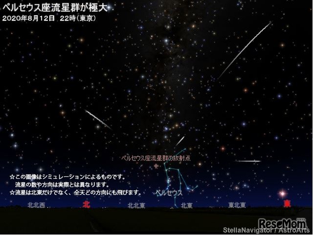 ペルセウス座流星群が極大 2020年8月12日22時 東京　（c） アストロアーツ