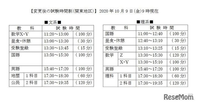 関東地区の変更後の試験時間割（10月9日9時現在）