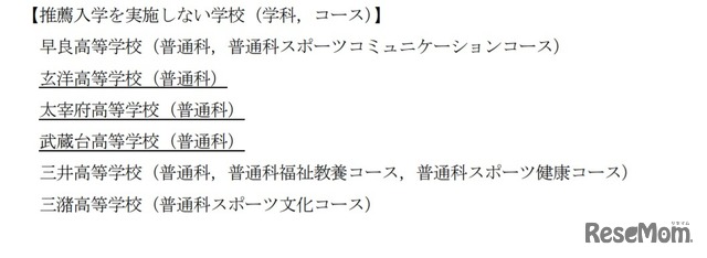 推薦入学を実施しない学校（学科、コース）