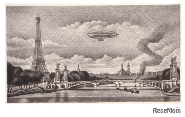 長谷川潔「アレキサンドル三世橋とフランスの飛行船」