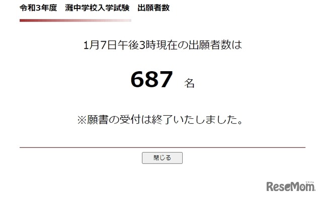 令和3年度灘中学校入学試験出願者数