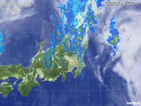 5月3日21時現在の雨雲の様子。雲は東北地方へ