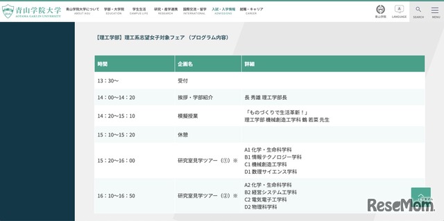 理工学部「理工系志望女子対象フェア」プログラム内容