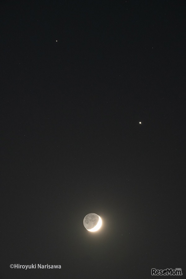 月と木星と土星が写った写真（イメージ） ※観賞会当日は満月・木星・土星が並ぶ　(c) Hiroyuki Narisawa
