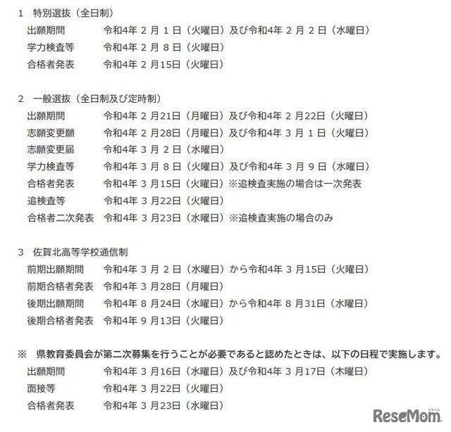 2022年度佐賀県立高等学校入学者の選抜実施日程