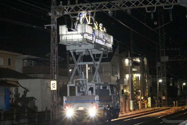 親子で学ぶ環境とエネルギー Supported by 小田急でんき：軌陸車にて電気保守作業を行っている様子