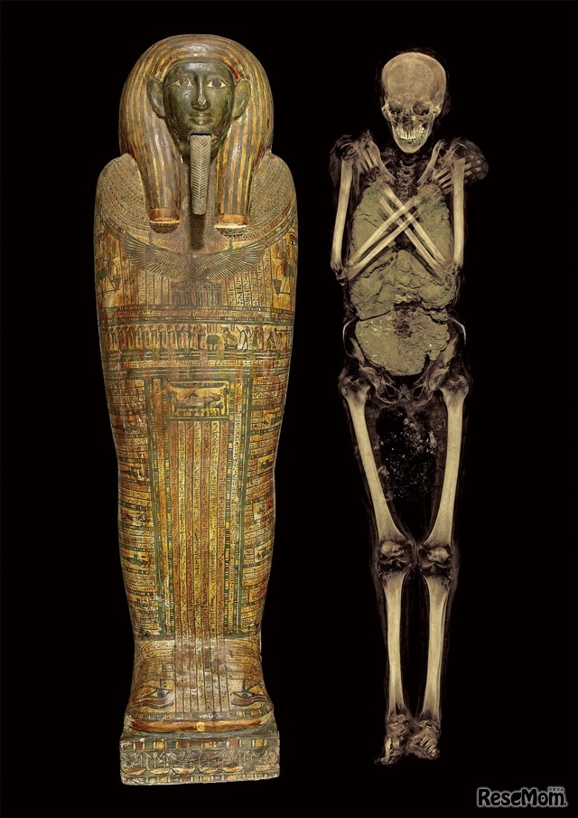 アメンイリイレトの内棺と、ミイラのCTスキャン画像から作成した3次元構築画像末期王朝時代・第26王朝、前600年頃、大英博物館蔵 (c) The Trustees of the British Museum