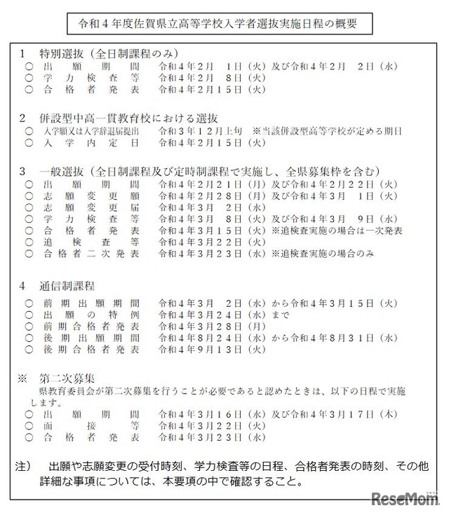 令和4年度佐賀県立高等学校入学者選抜実施日程の概要