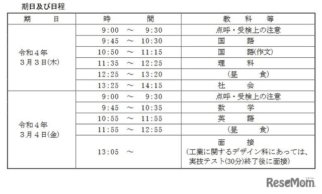 一般入学者選抜 学力検査の期日と日程