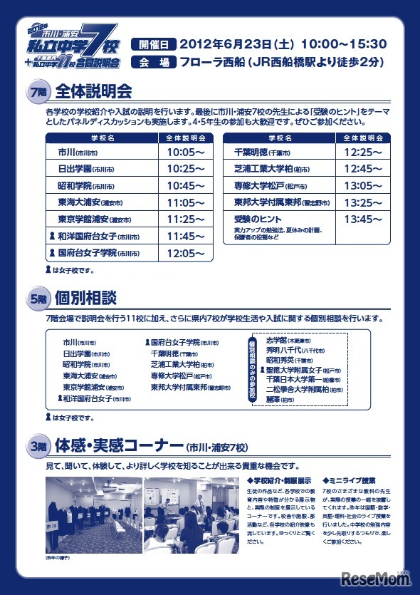 2012年 市川・浦安私立中学7校 + 千葉県内私立中学11校合同説明会