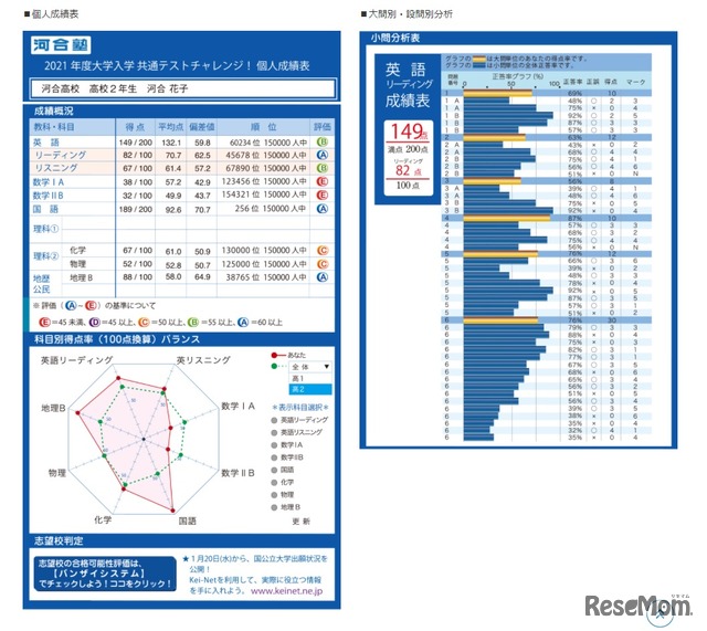 個人成績表と大問別・設問別分析