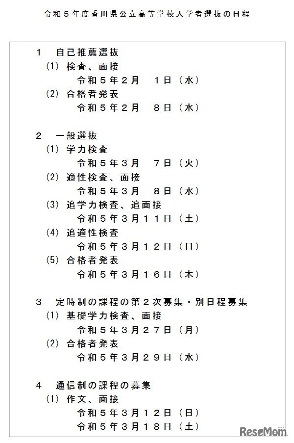 令和5年度香川県公立高等学校入学者選抜の日程