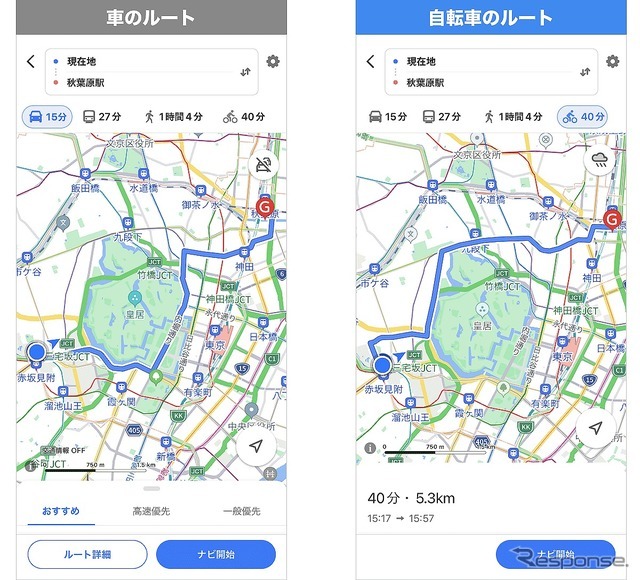 車のルート検索と自転車のルート検索の比較