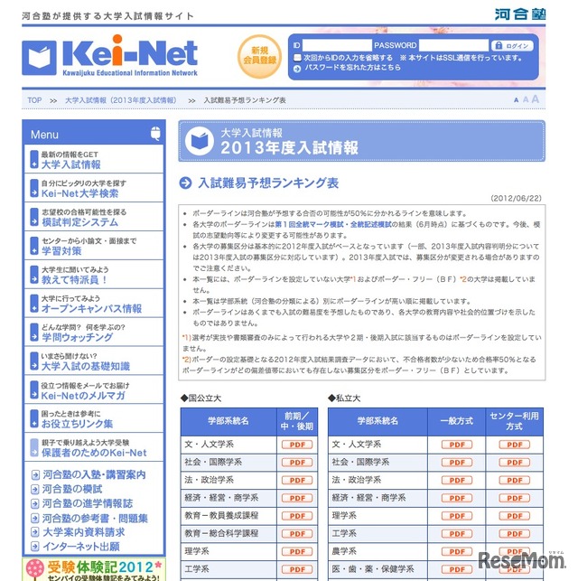 Kei-Net「入試難易予想ランキング表」