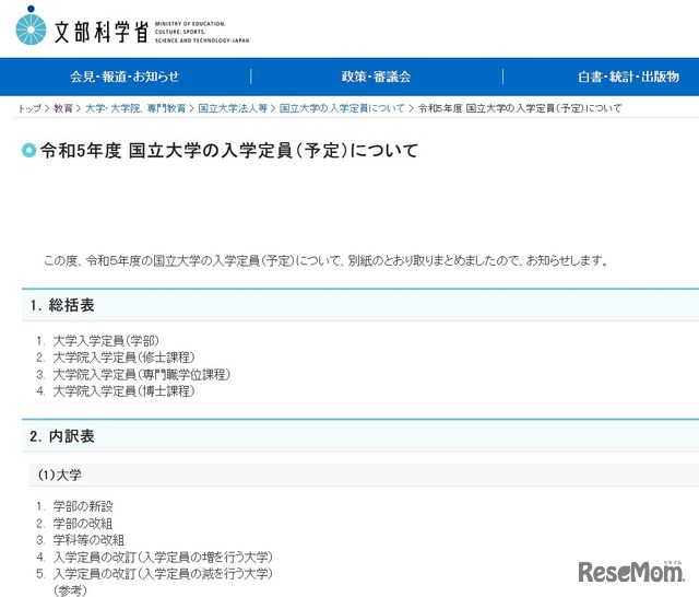 2023年度（令和5年度）国立大学の入学定員（予定）について