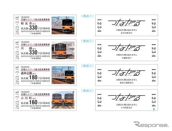 東武が発売する記念乗車券。3月18日始発から池袋・下板橋・大山・上板橋・成増・和光市・朝霞台・志木・ふじみ野・川越・川越市・若葉・坂戸・東松山・森林公園・小川町・武州長瀬の各駅で発売する。