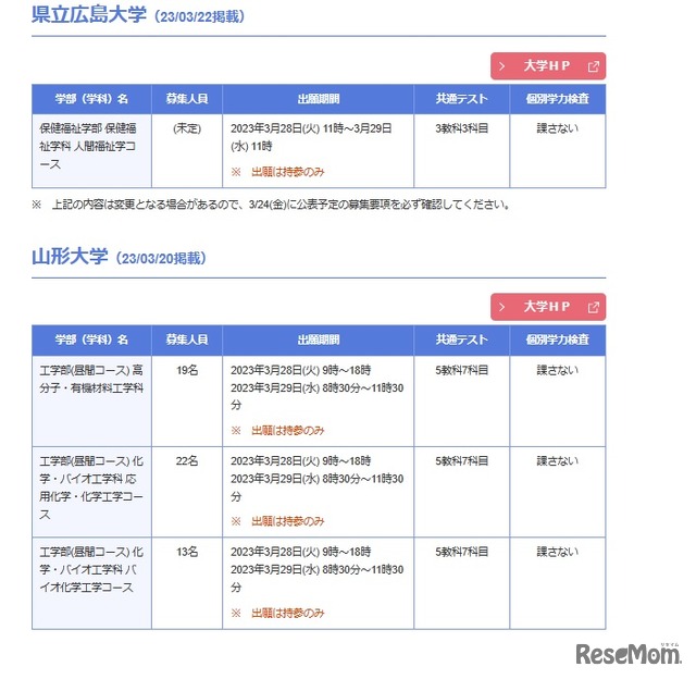 2023年度国公立大 欠員補充２次募集実施大学の一部