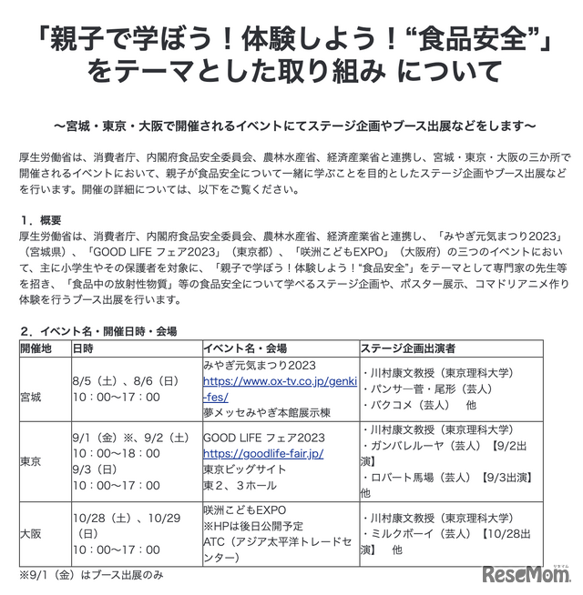 「親子で学ぼう！体験しよう！“食品安全”」をテーマとした取組みについて