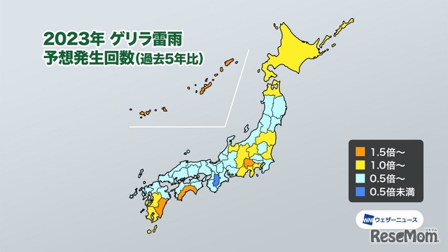 2023年 ゲリラ豪雨 予想発生回数（過去5年比）