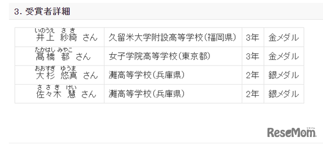 第34回国際生物学オリンピック受賞者