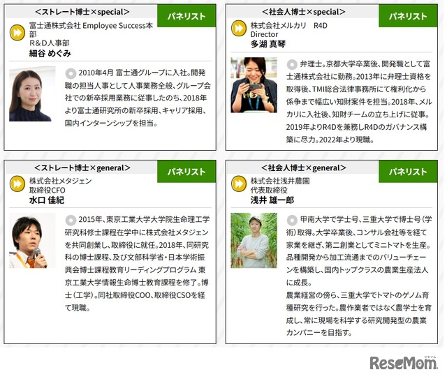 左上から、細谷めぐみ氏（富士通Employee Success本部R＆D人事部）、多湖真琴氏（メルカリR4D Director）、左下から、水口佳紀氏（メタジェン取締役CFO）、浅井雄一郎氏（浅井農園代表取締役）