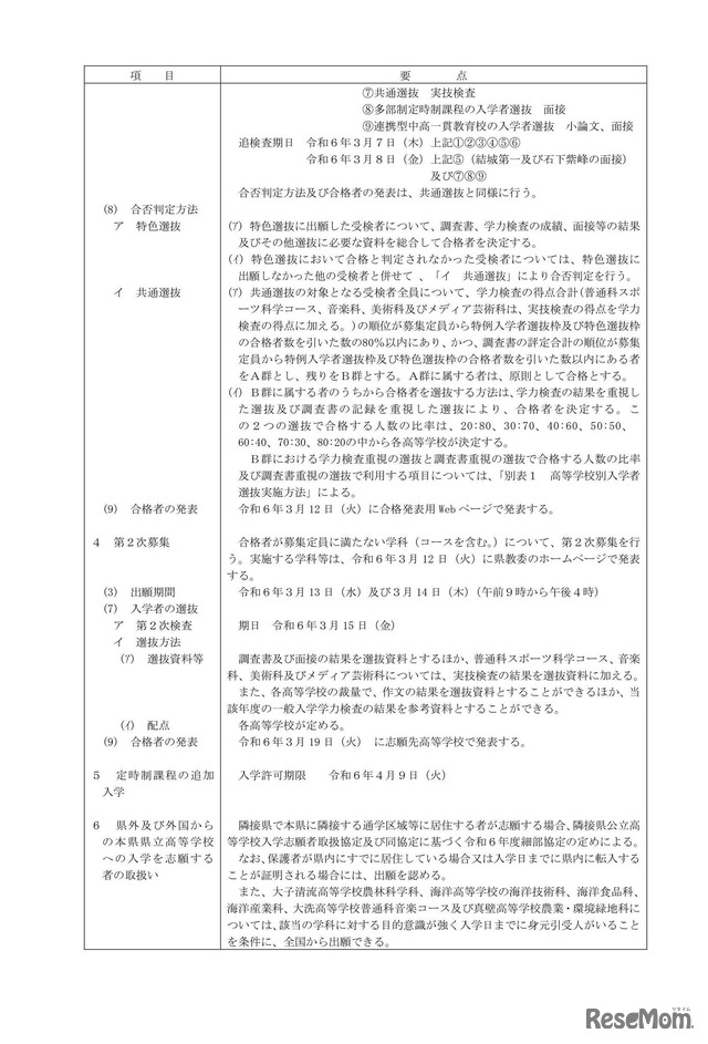 令和6年度茨城県立高等学校入学者選抜実施細則（要点）