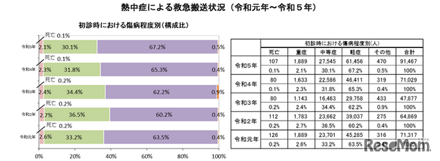 医療機関での初診時における傷病程度別の救急搬送人員