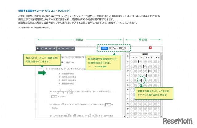 受験する画面のイメージ（パソコン・タブレット）