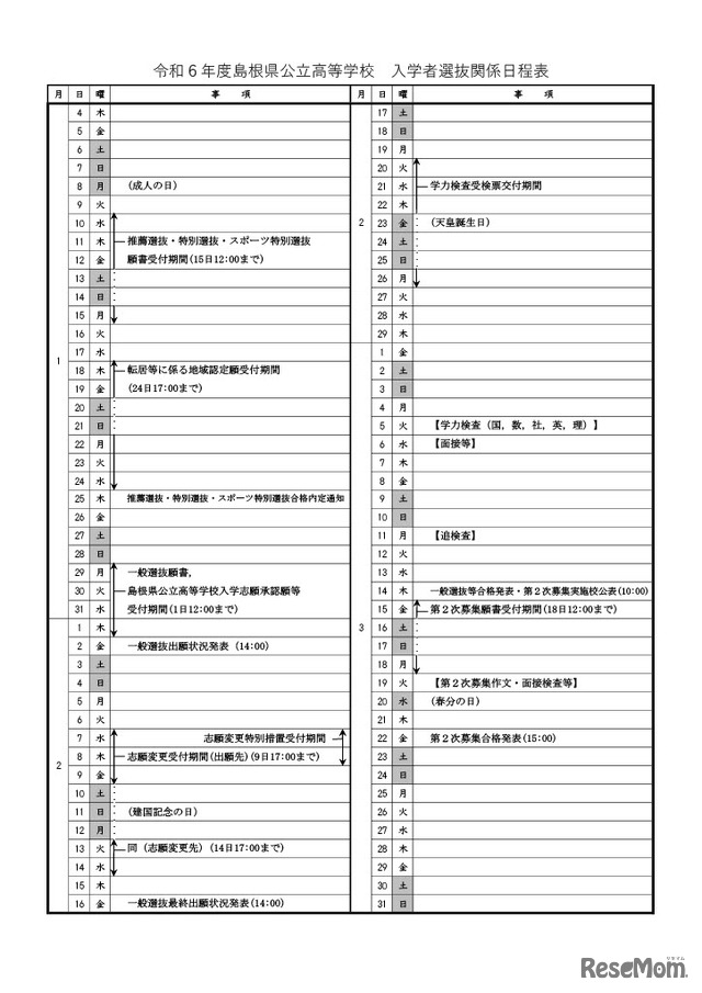 令和6年度島根県公立高等学校　入学者選抜関係日程表