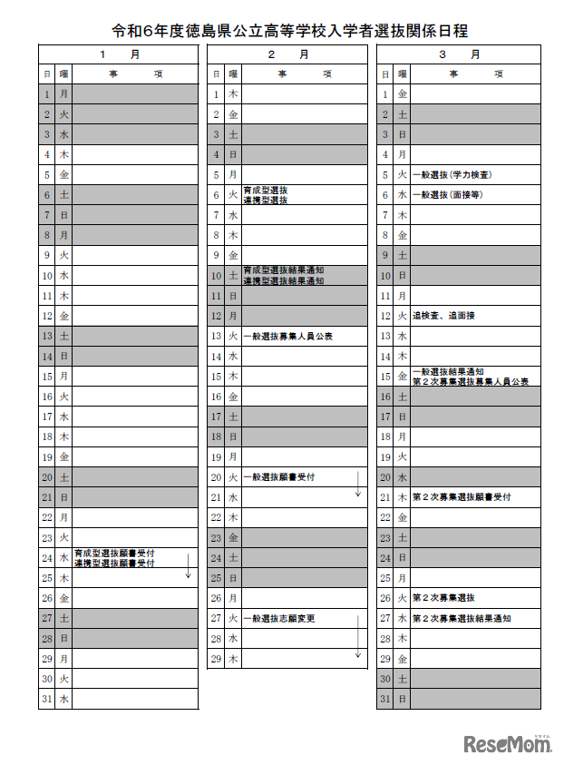 令和6年度徳島県公立高等学校入学者選抜関係日程