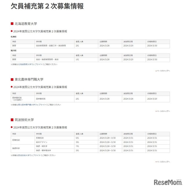 国公立大学：欠員補充第2次募集情報