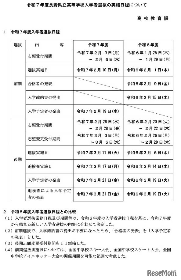 2025年度（令和7年度）長野県立高等学校入学者選抜の実施日程について
