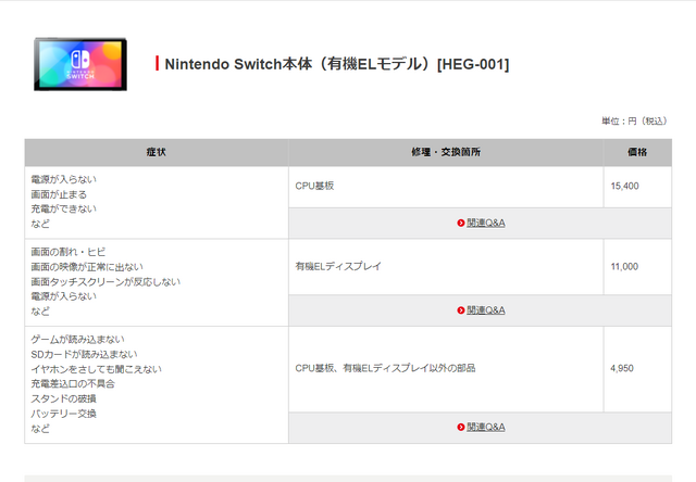 任天堂公式サイト「修理の参考価格 Nintendo Switch」より引用