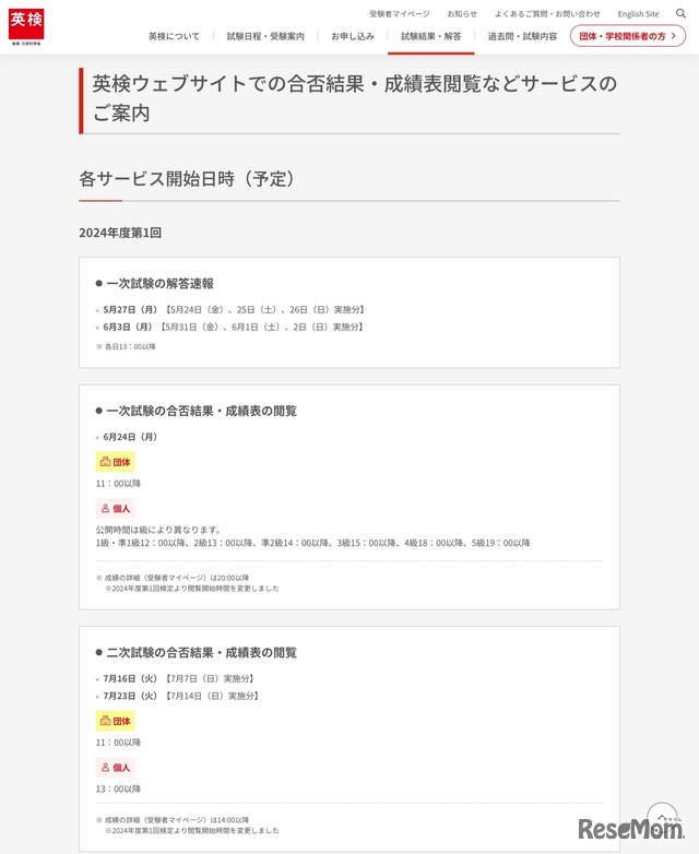 英検ウェブサイトでの合否結果・成績表閲覧サービス