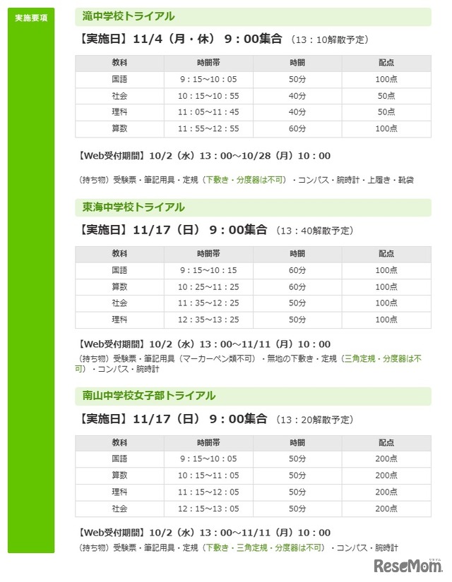 滝中学校・東海中学校・南山中学校女子部トライアル実施要項