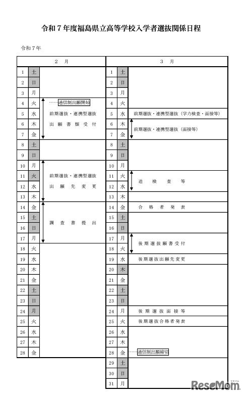 令和7年度福島県立高等学校入学者選抜関係日程