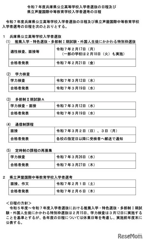 令和7年度兵庫県公立高等学校入学者選抜の日程