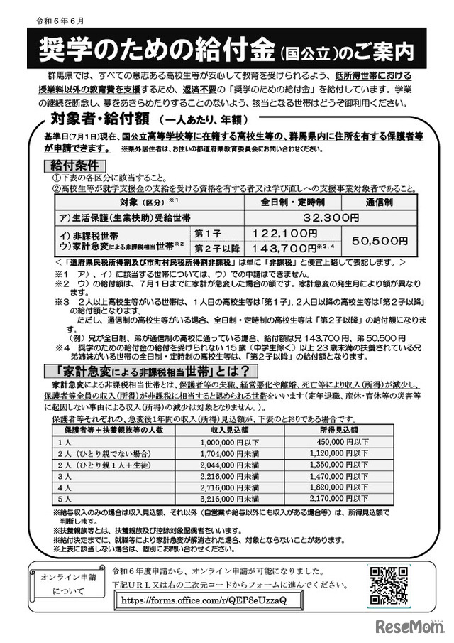 群馬県国公立高等学校等奨学のための給付金制度