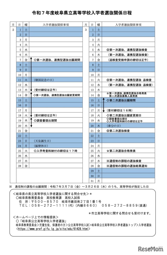 令和7年度 岐阜県立高等学校入学者選抜関係日程