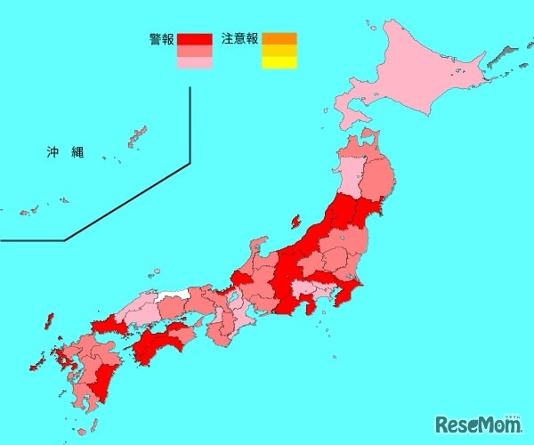 インフルエンザ流行レベルマップ2025年第4週（1月20日～1月26日）※警報レベル超えの保健所がある都道府県は赤色3段階で表示