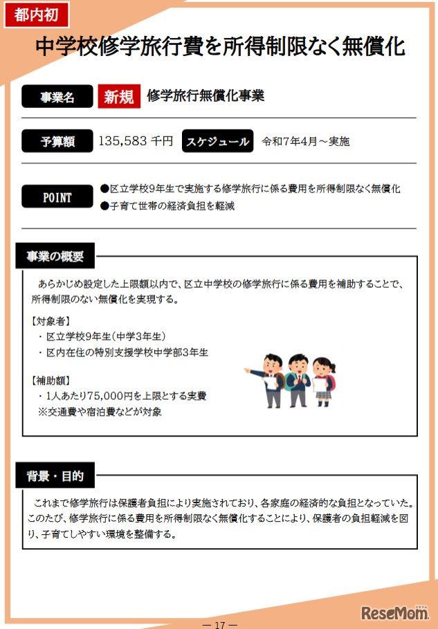 中学校修学旅行費を所得制限なく無償化