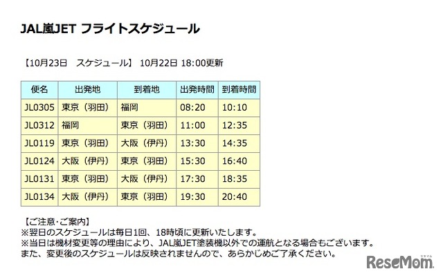 「JAL嵐JET」フライトスケジュール